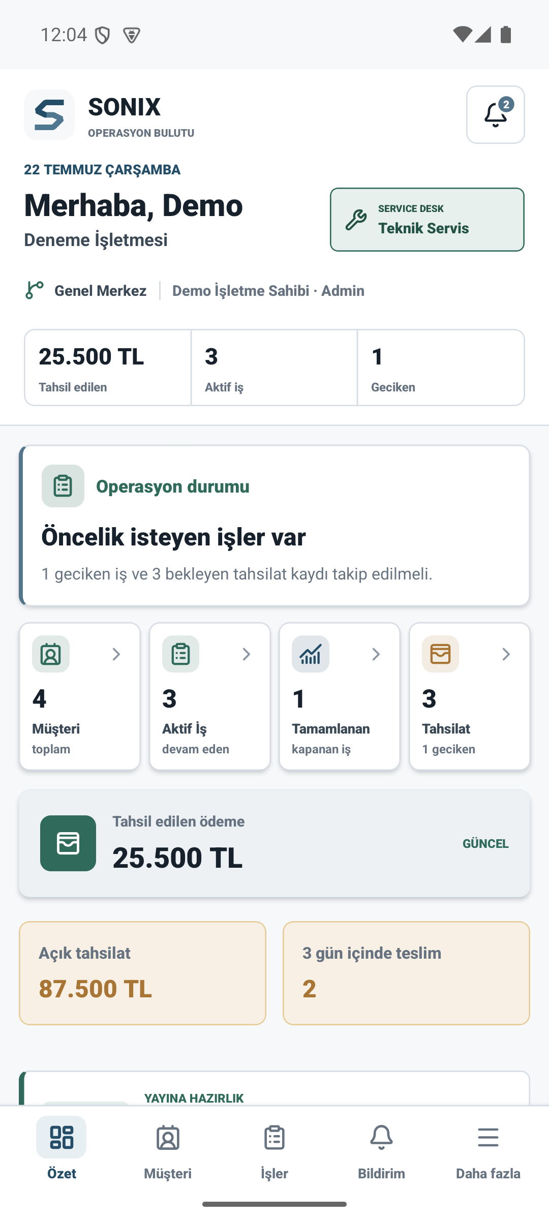 Sonix mobil operasyon dashboard ekranı