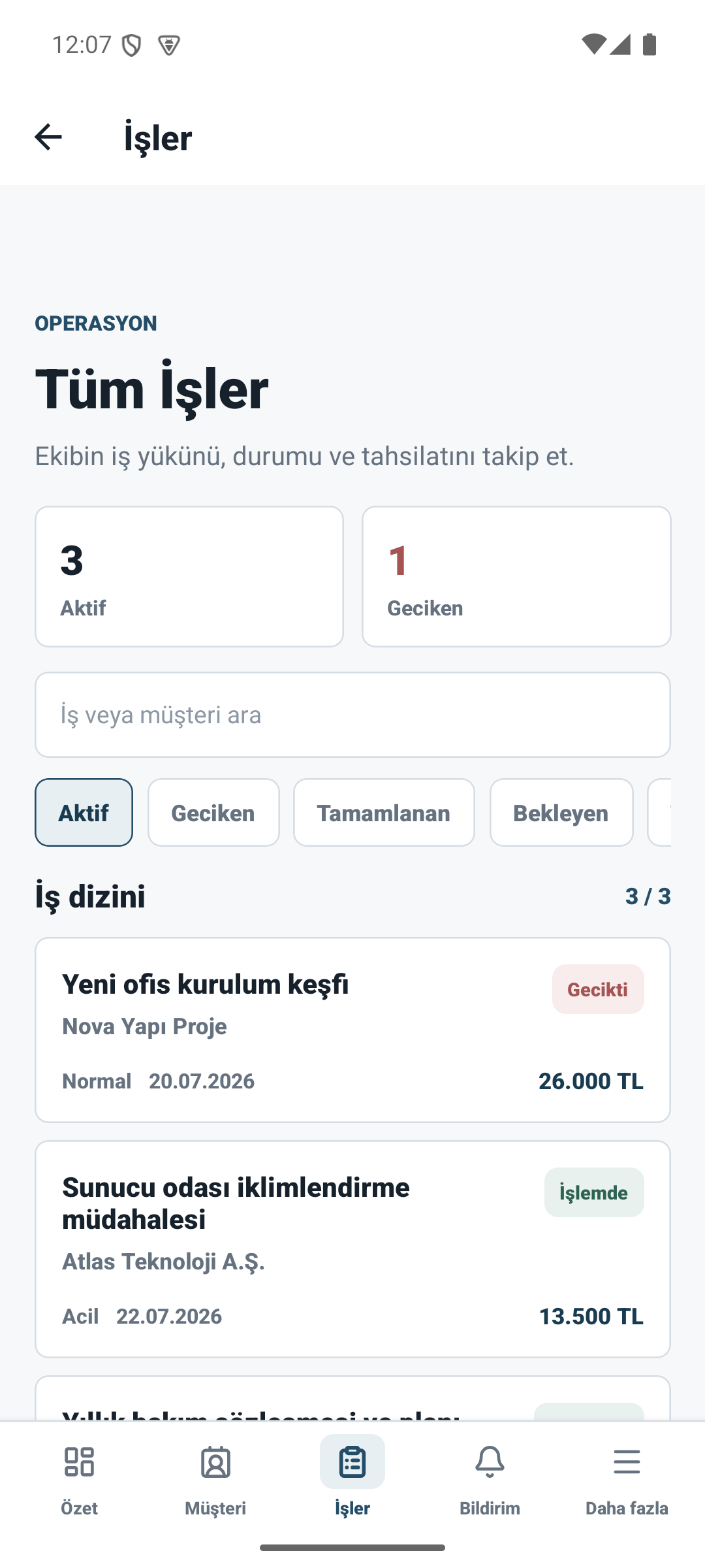 Sonix mobil iş listesi