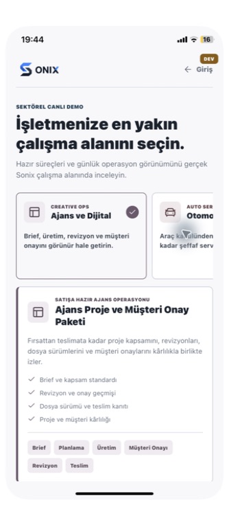 Sonix Ajans ve Dijital sektörel paket ekranı