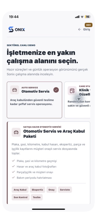 Sonix Otomotiv Servis sektörel paket ekranı