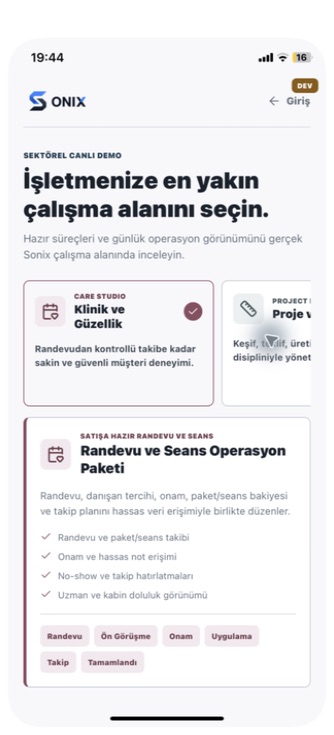Sonix Klinik ve Güzellik sektörel paket ekranı