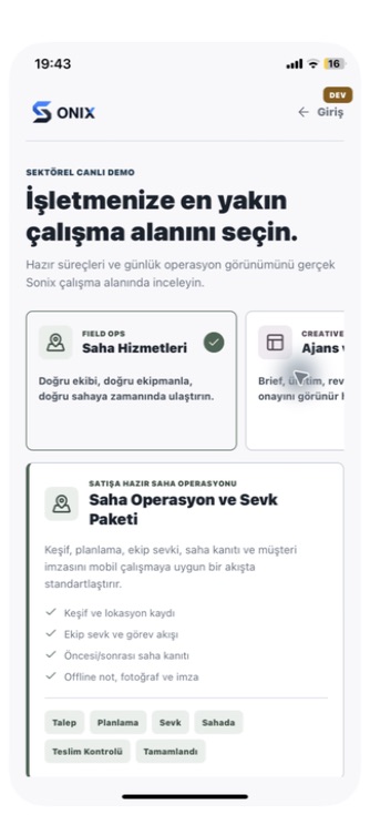 Sonix Saha Hizmetleri sektörel paket ekranı