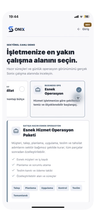 Sonix Esnek Operasyon sektörel paket ekranı