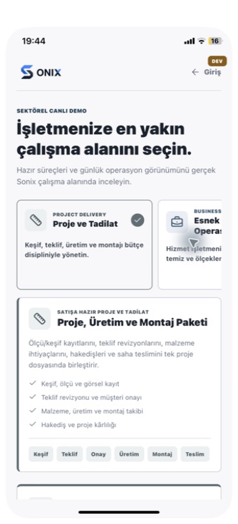 Sonix Proje ve Tadilat sektörel paket ekranı