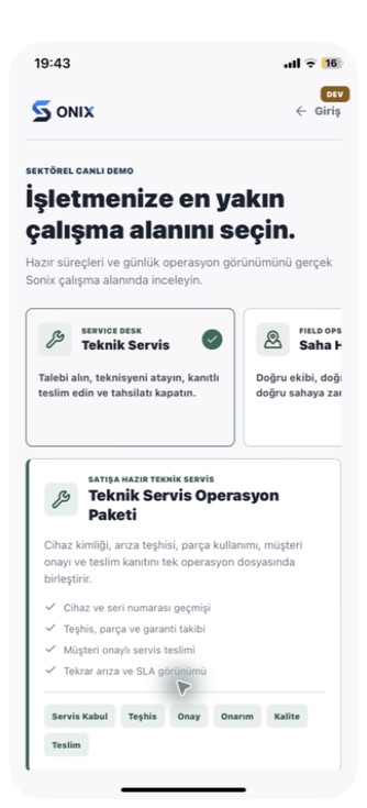 Sonix Teknik Servis sektörel paket ekranı